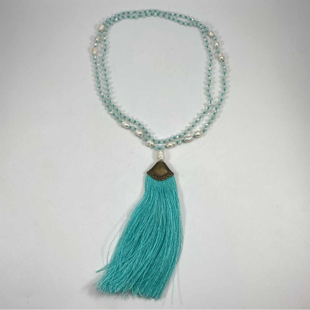 Stunning Blue Glass White Freshwater Pearls Blue Threaded Tassel Necklace